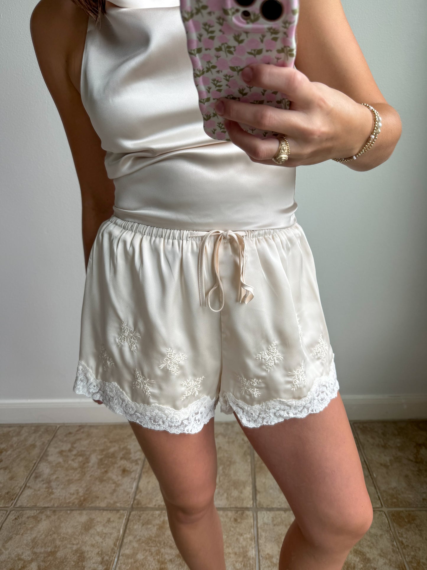 Pearl Satin Embroidered Shorts