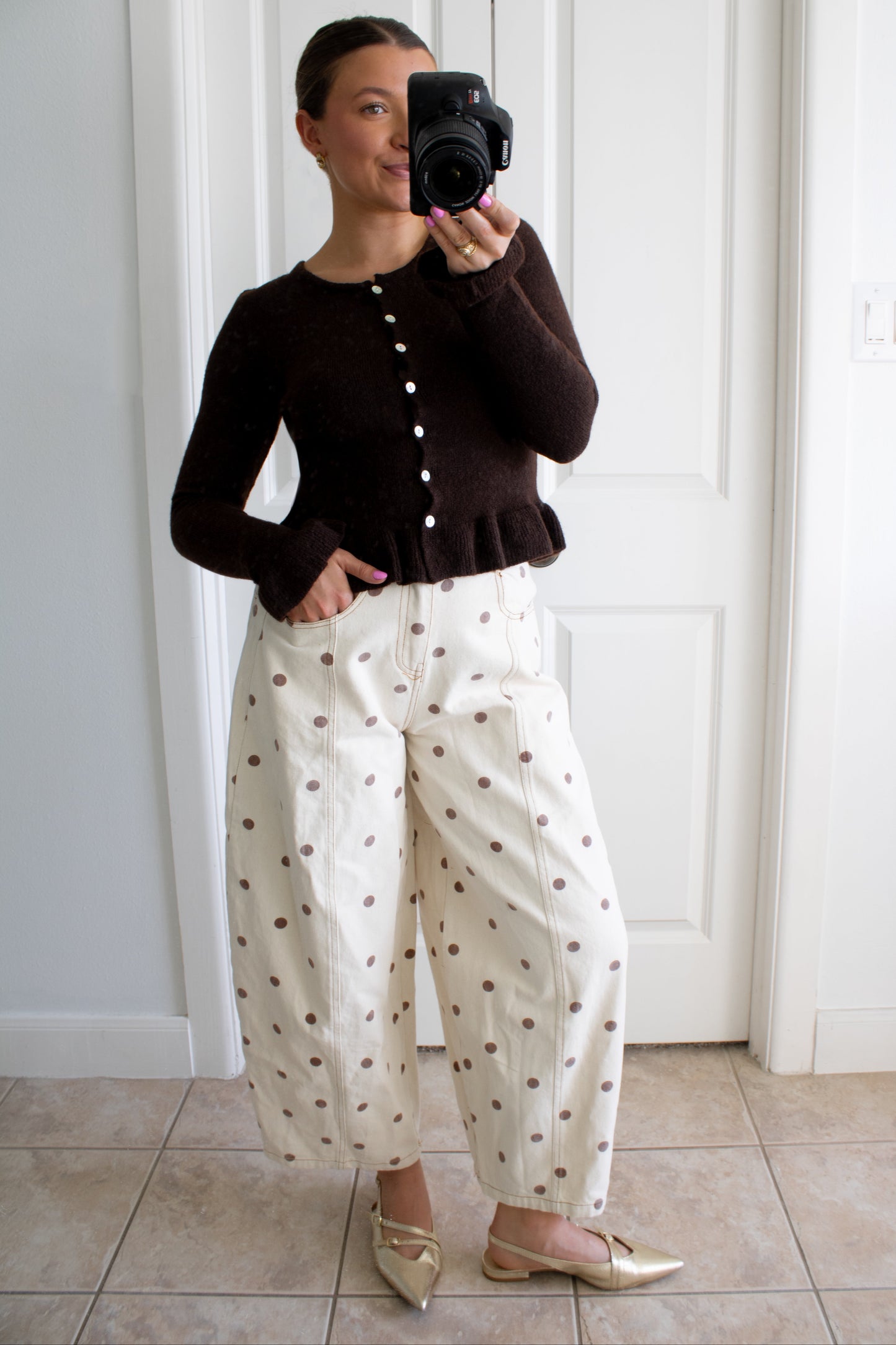 Cocoa Polka Dot Barrel Jeans