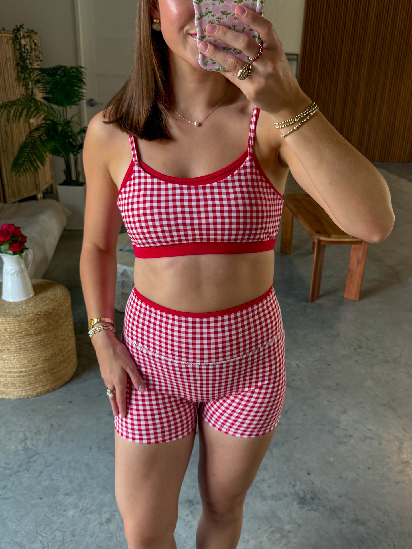 Cherry Gingham Layered Athletic Set