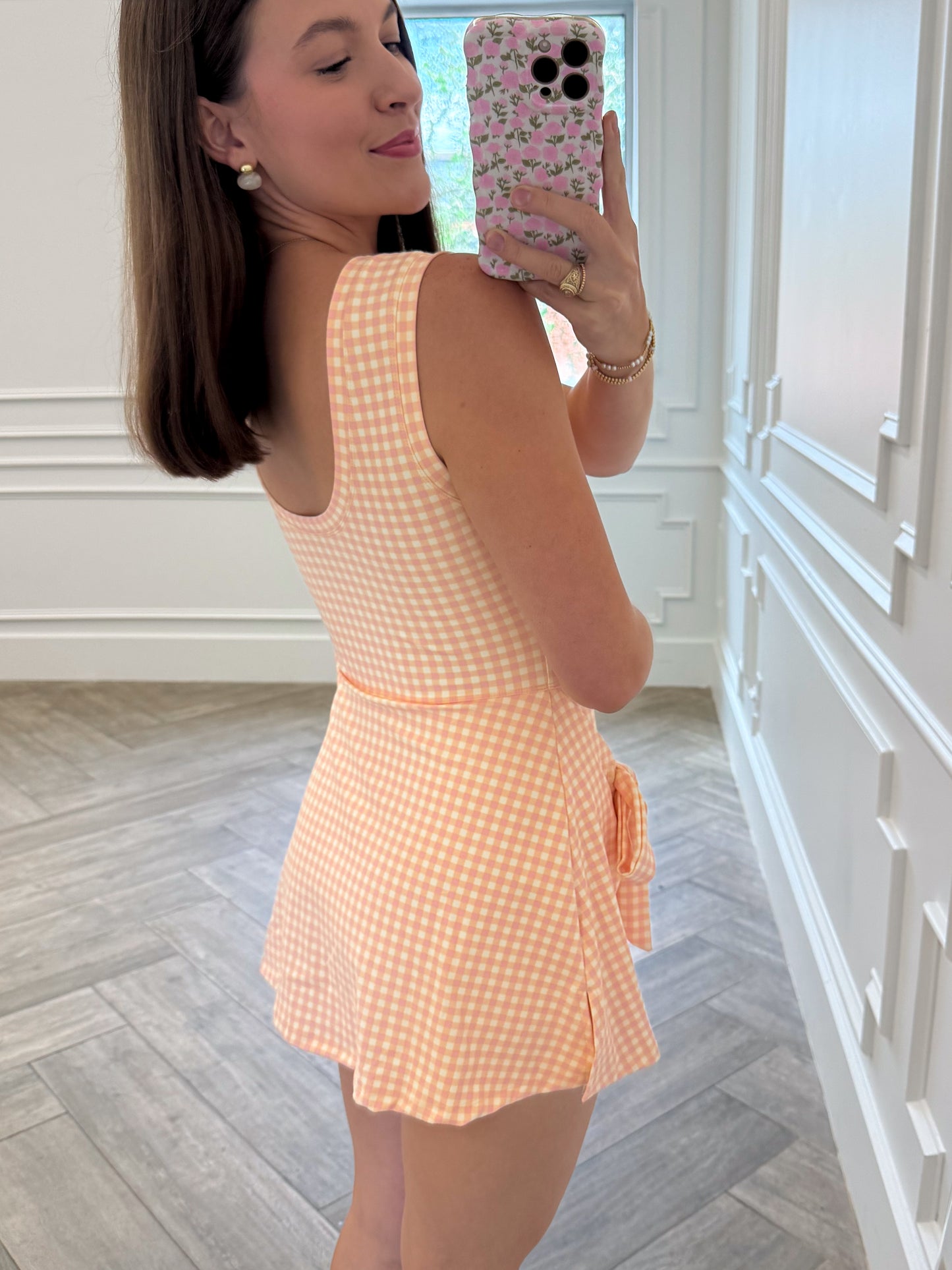 Peach Gingham Wrap Athletic Dress
