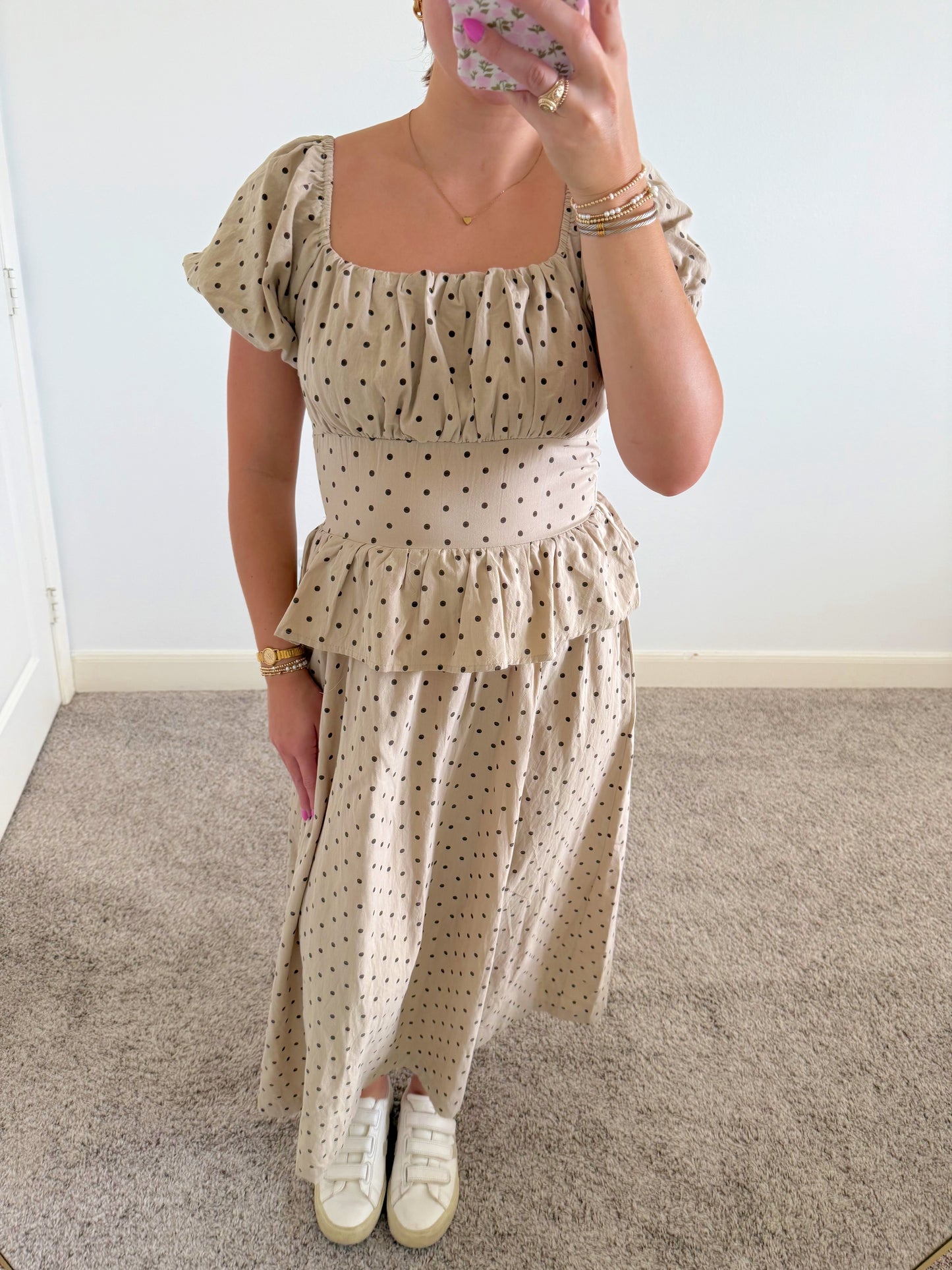 Brown Dot Neutral Midi Dress
