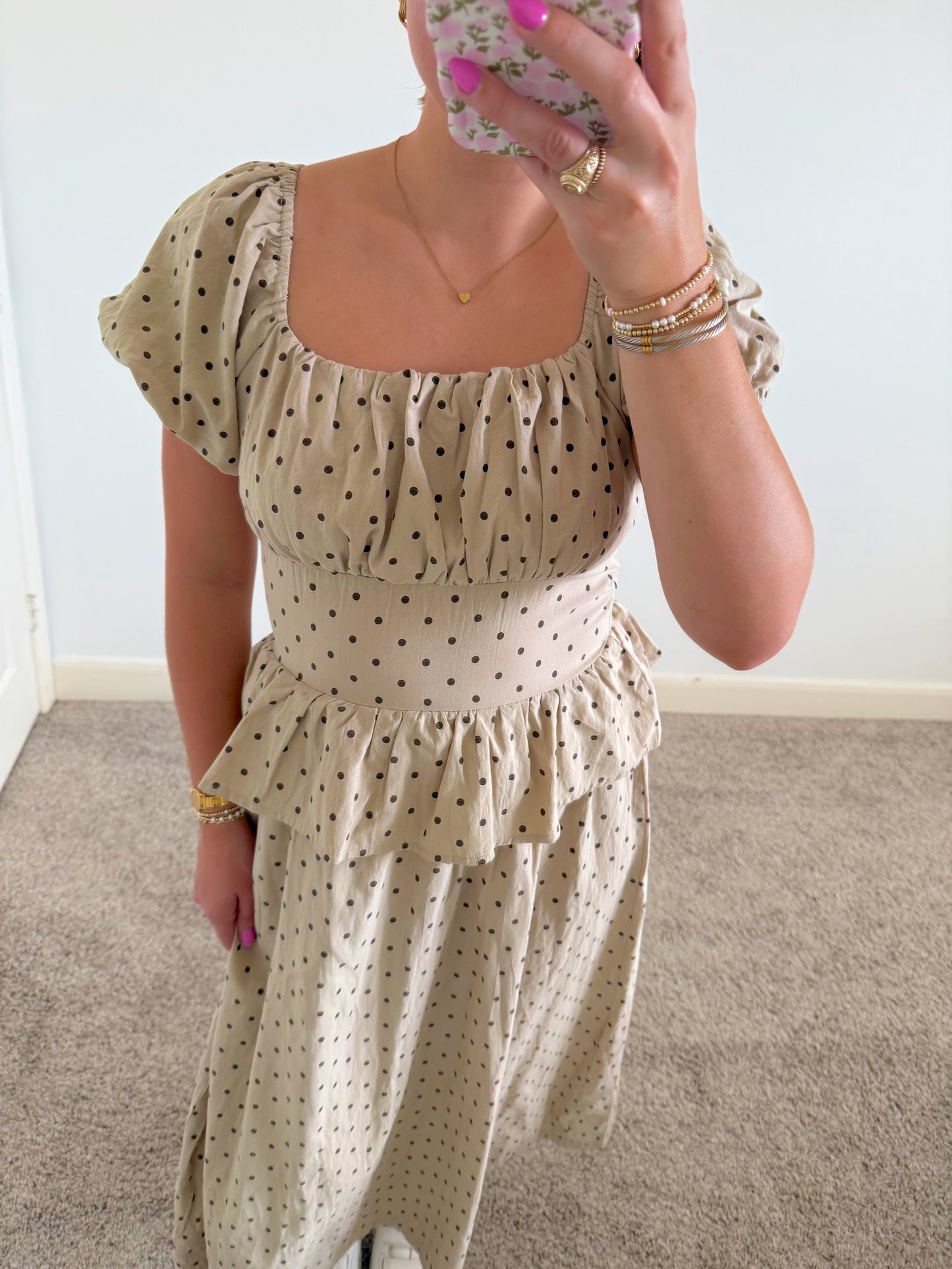 Brown Dot Neutral Midi Dress