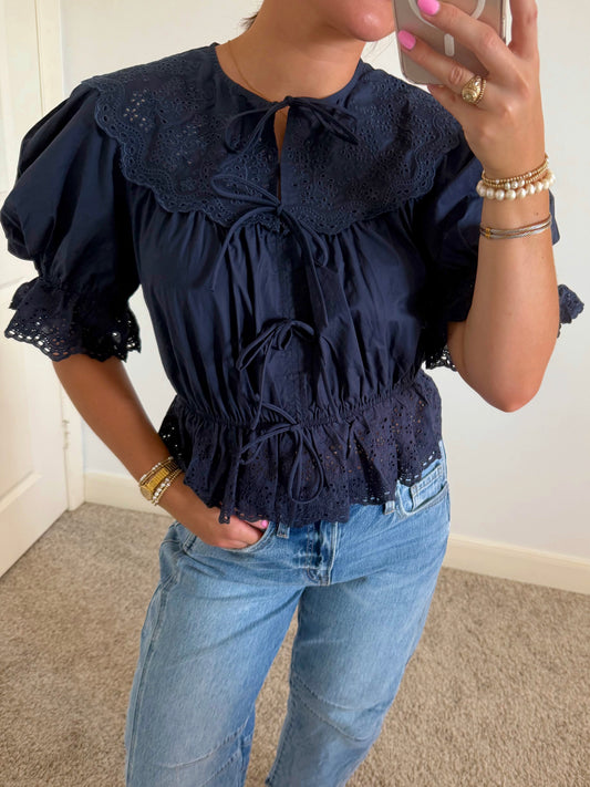 Navy Eyelet Puff Sleeve Top