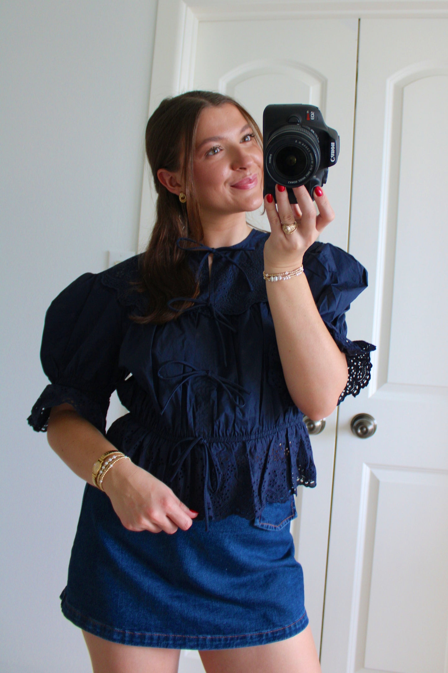 Navy Eyelet Puff Sleeve Top