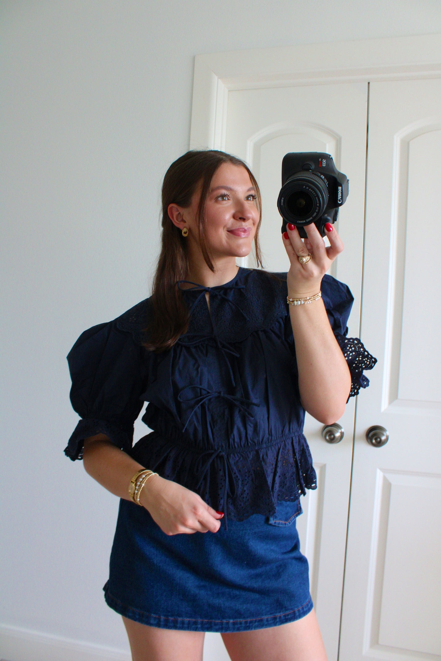 Navy Eyelet Puff Sleeve Top