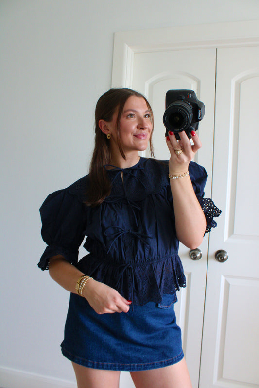 Navy Eyelet Puff Sleeve Top