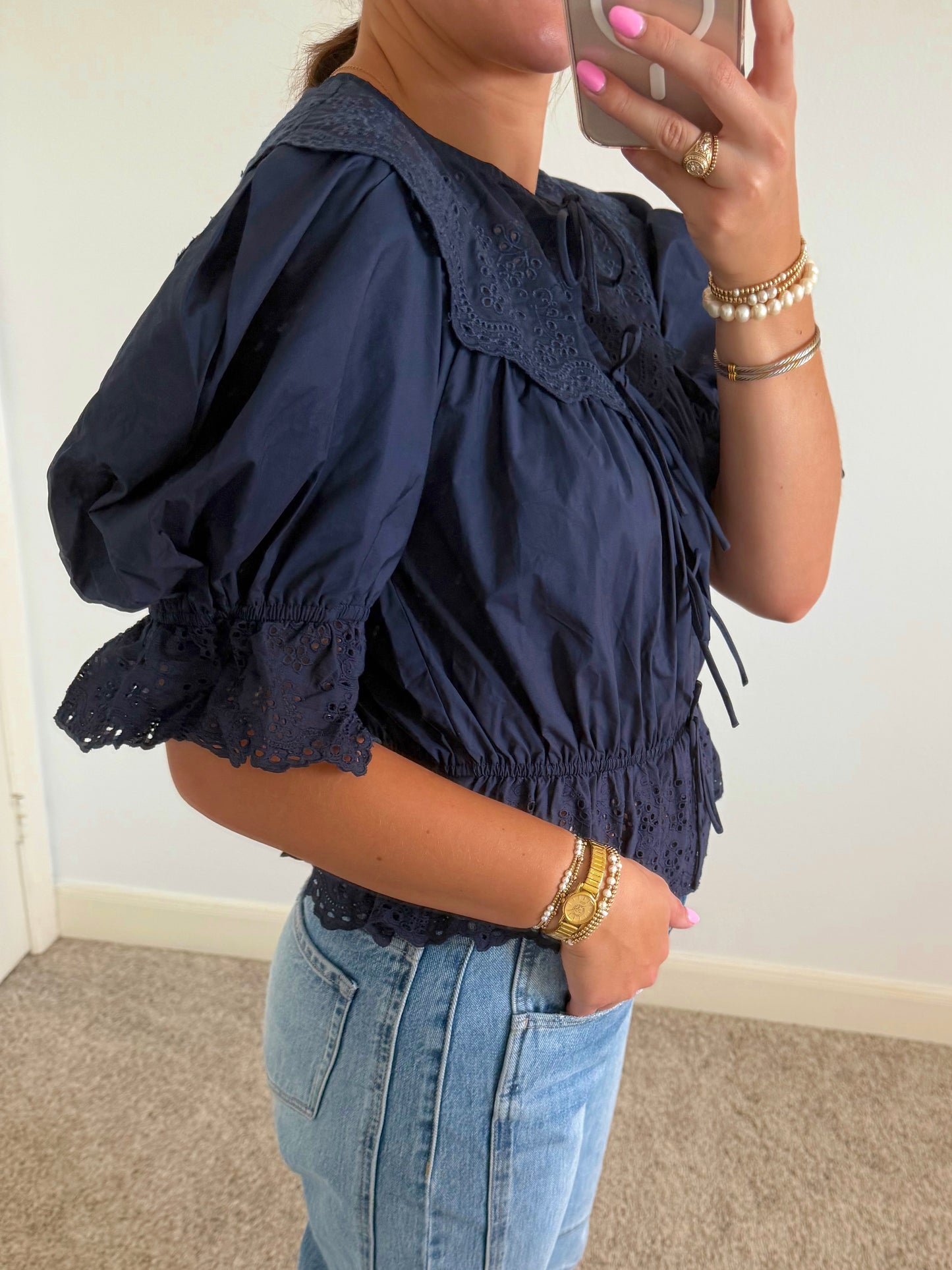 Navy Eyelet Puff Sleeve Top