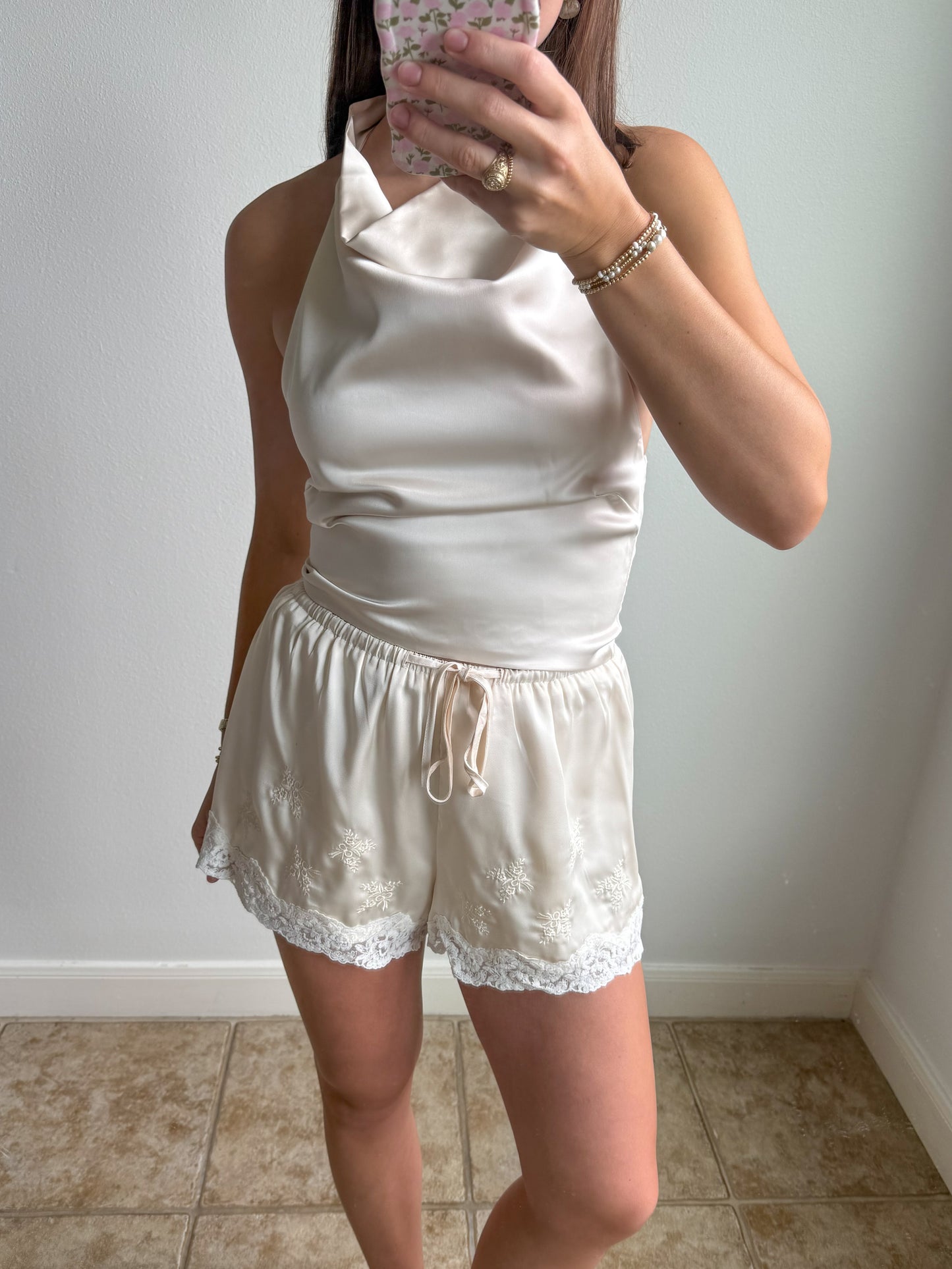 Pearl Satin Embroidered Shorts
