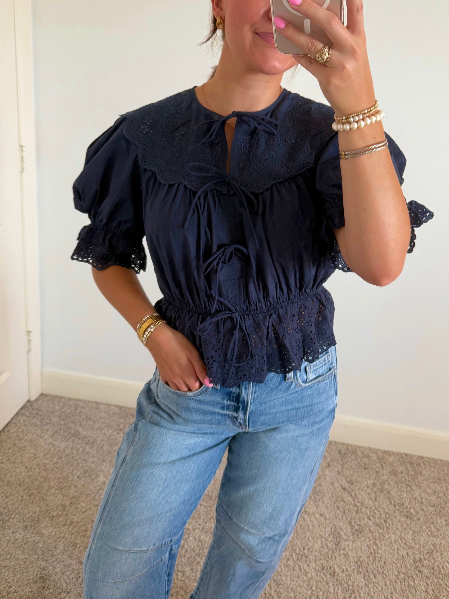 Navy Eyelet Puff Sleeve Top