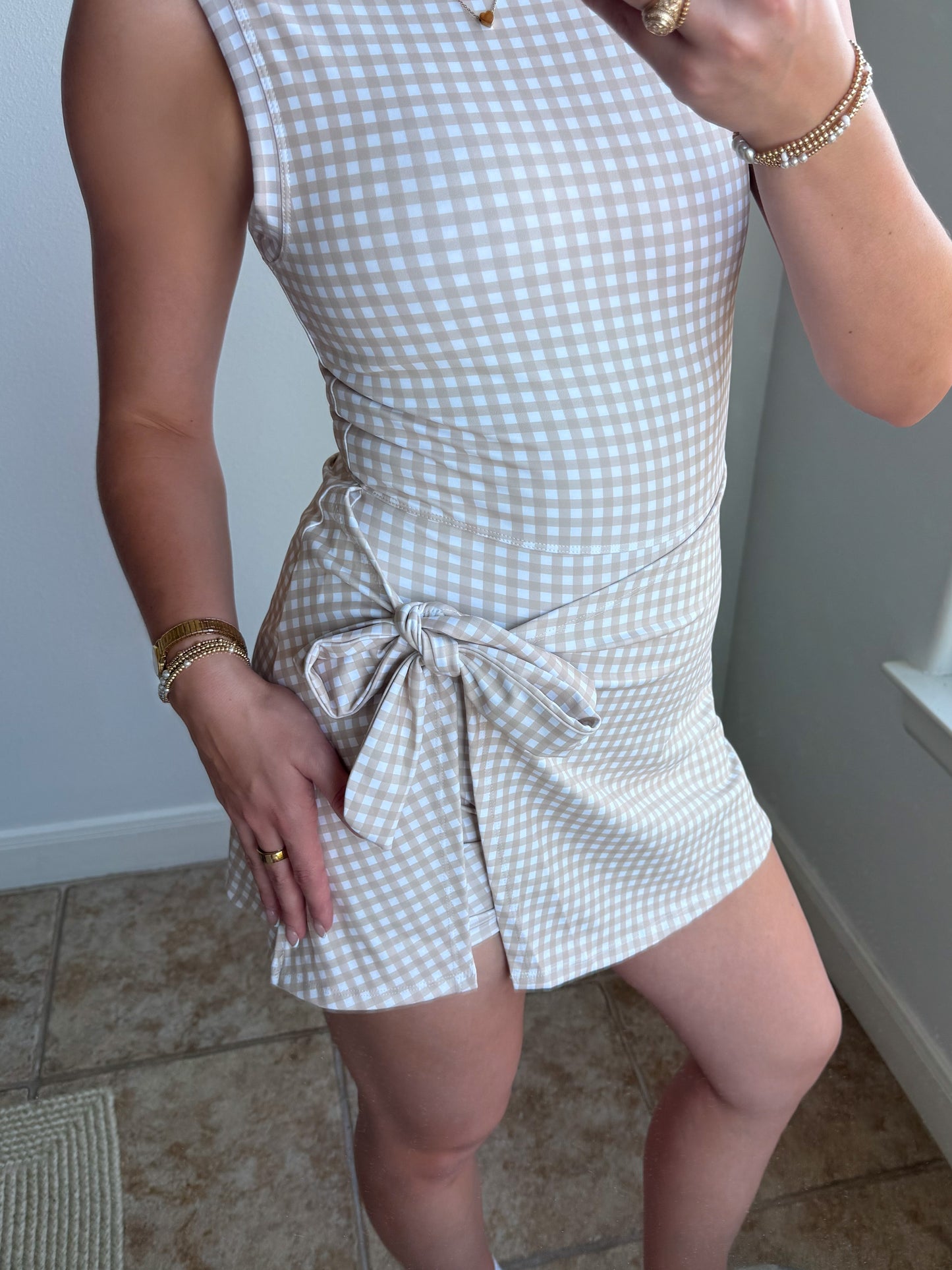 Vanilla Gingham Wrap Athletic Dress