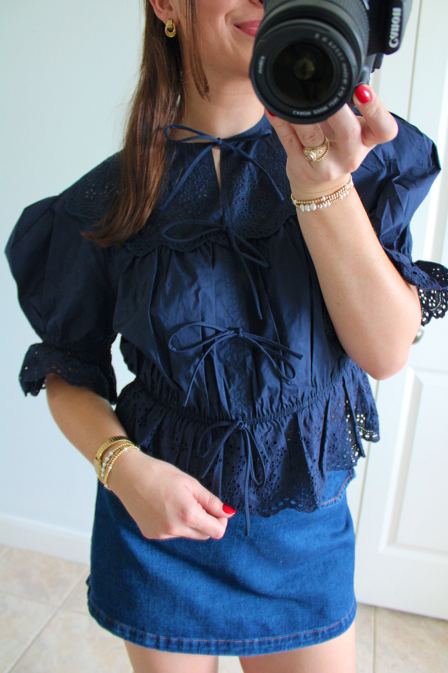Navy Eyelet Puff Sleeve Top