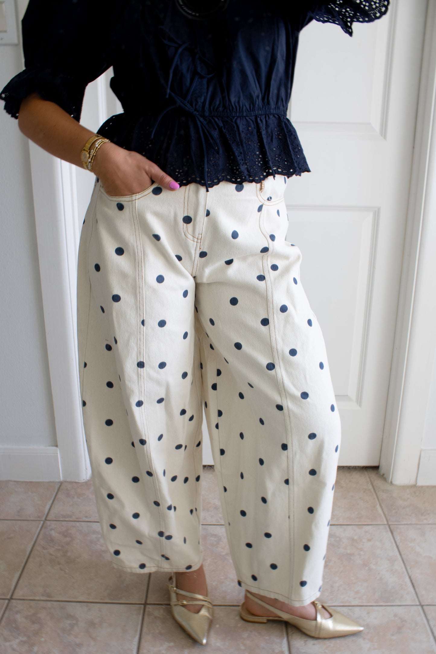 Navy Polka Dot Barrel Jeans