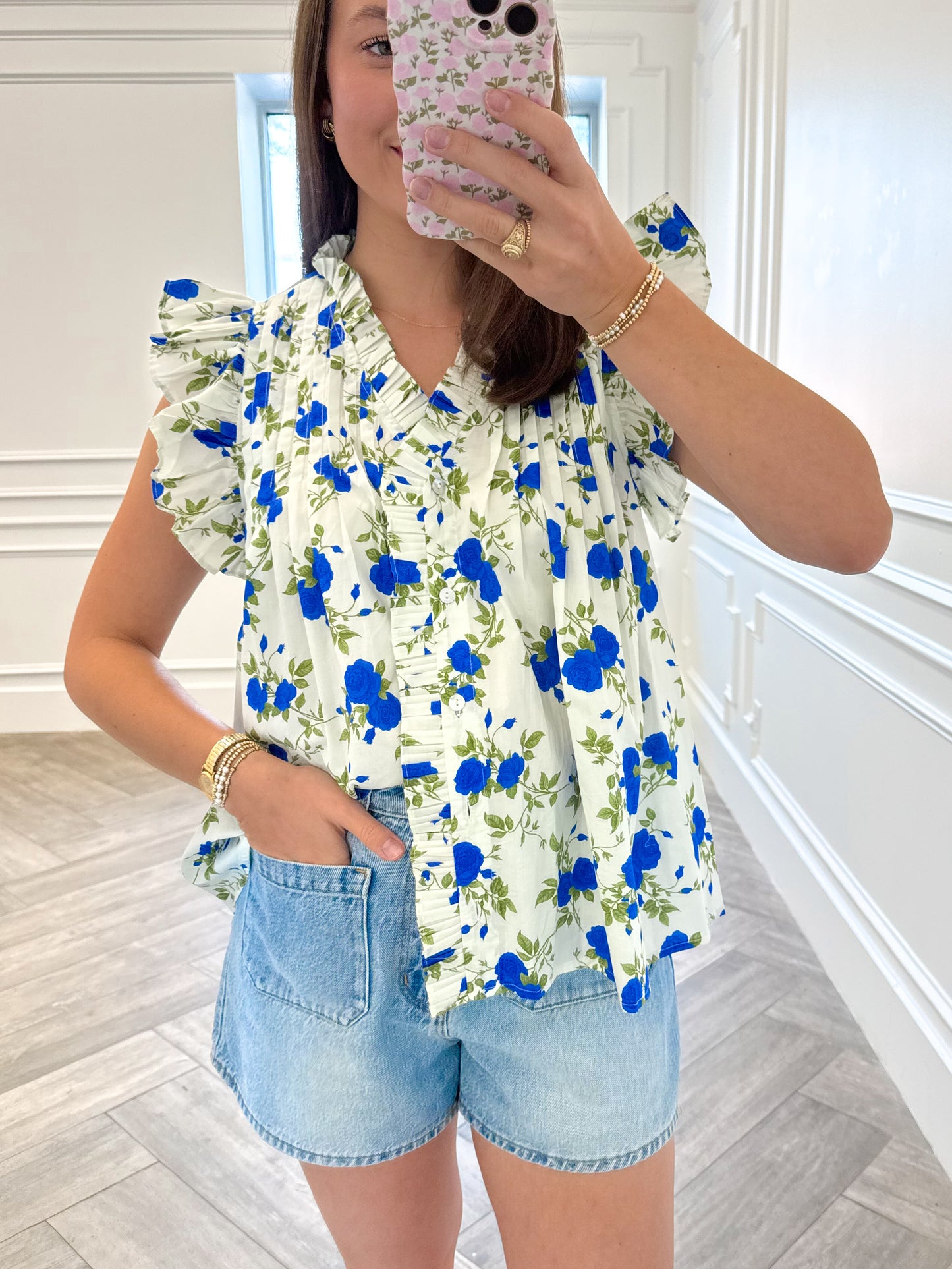 Blue Rose Ruffle Top