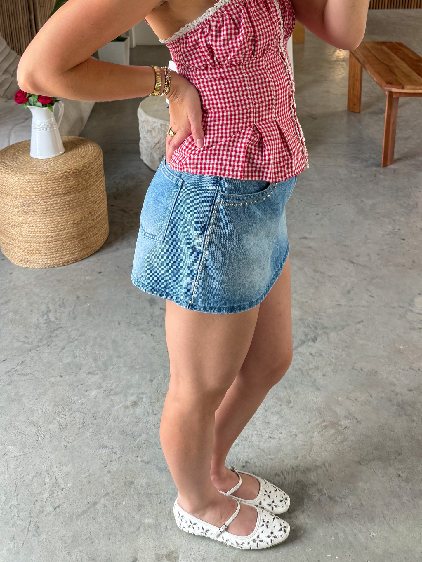 Studded Denim Skort