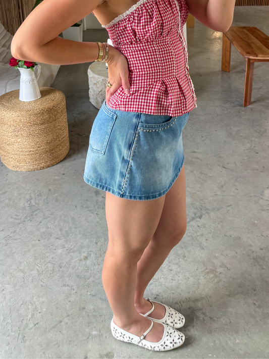 Studded Denim Skort