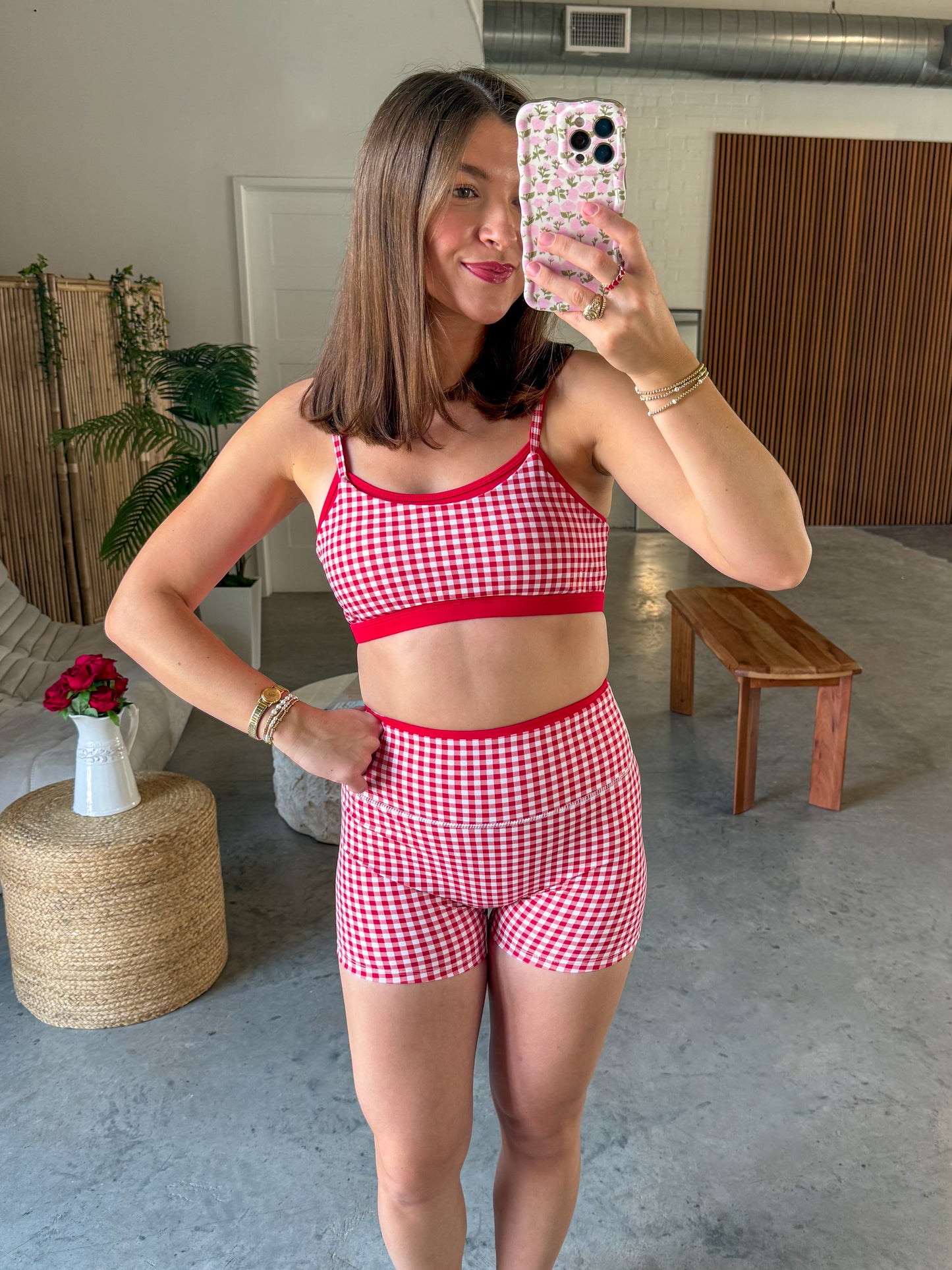 Cherry Gingham Layered Athletic Set