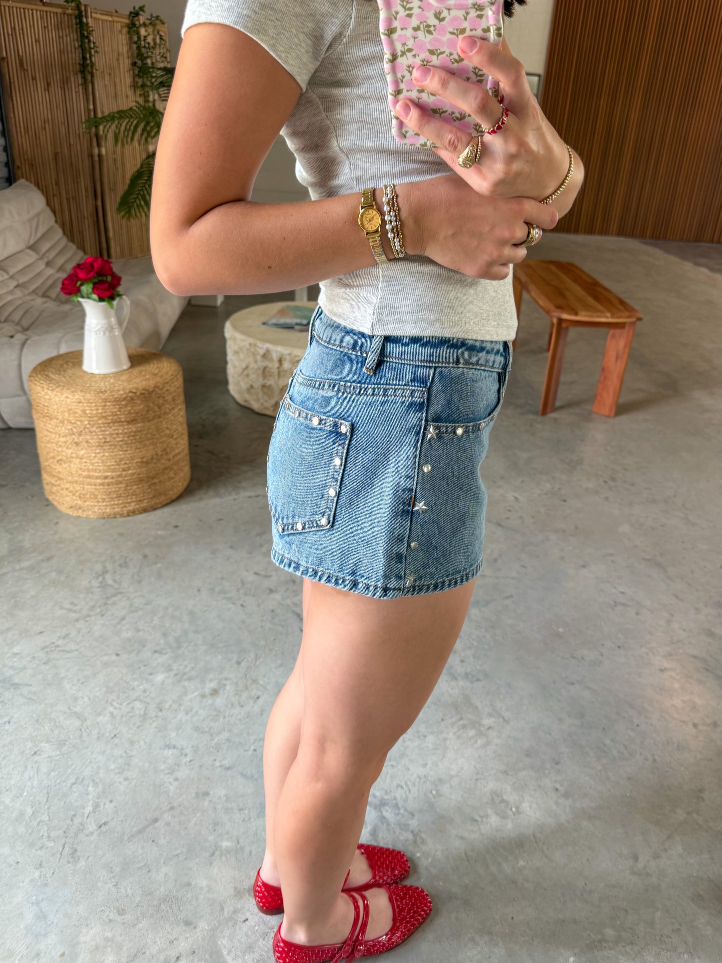Studded Denim Micro Shorts