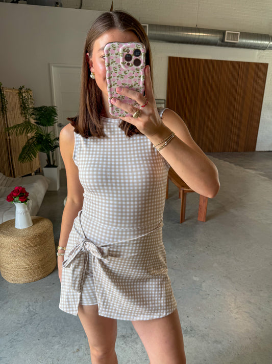 Vanilla Gingham Wrap Athletic Dress