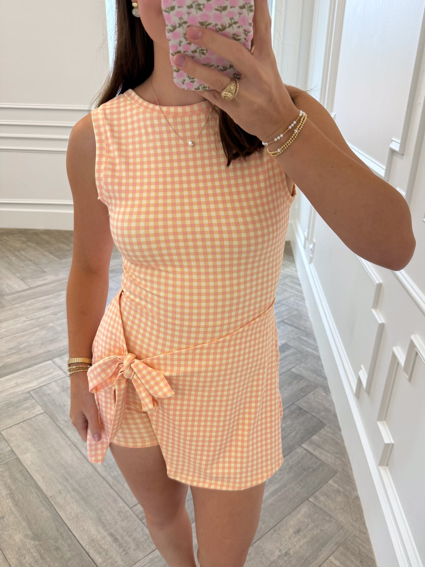 Peach Gingham Wrap Athletic Dress