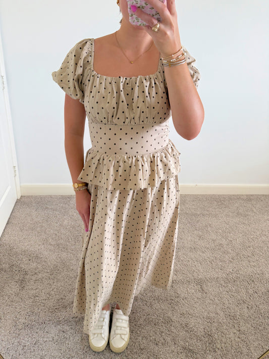 Brown Dot Neutral Midi Dress