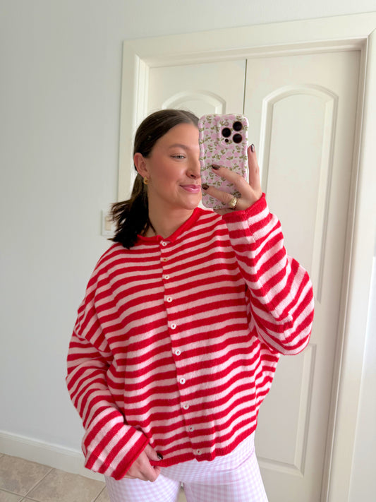 Piper Cardigan - Red & Pink Stripe