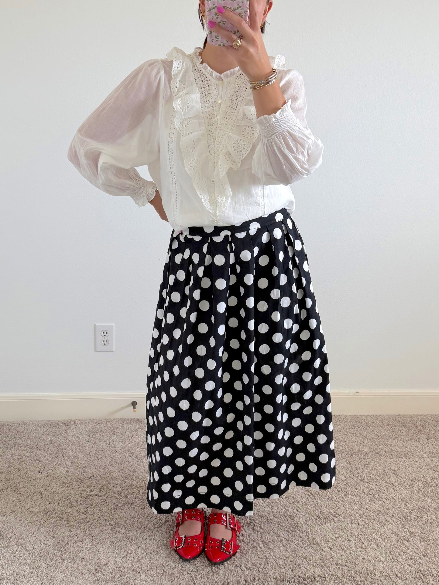 Pleated Polka Dot Midi Skirt