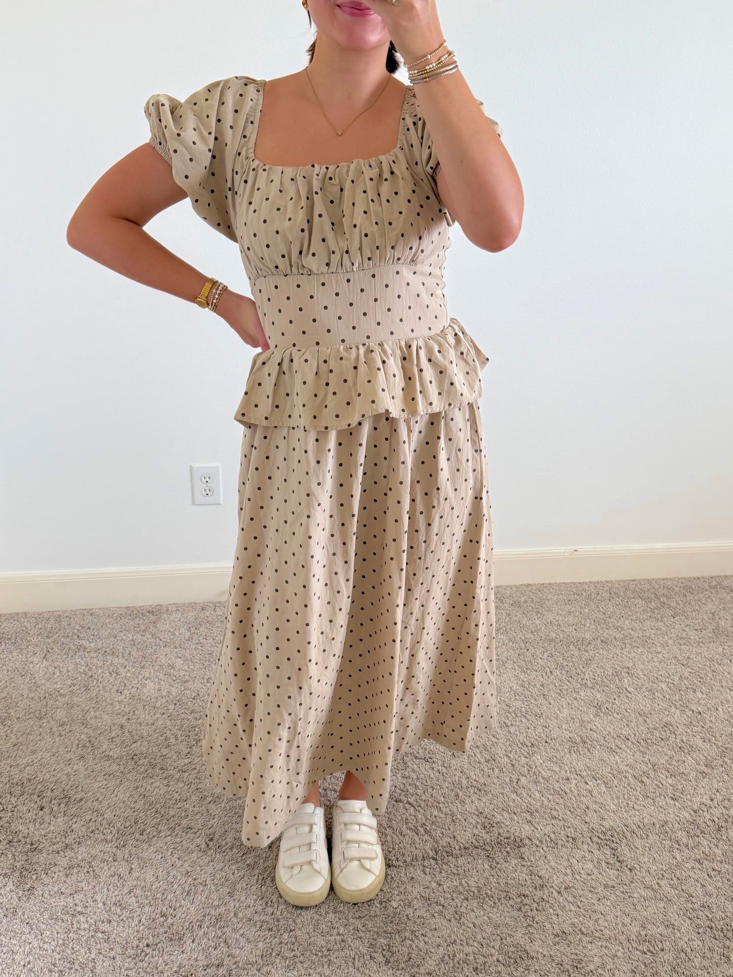 Brown Dot Neutral Midi Dress