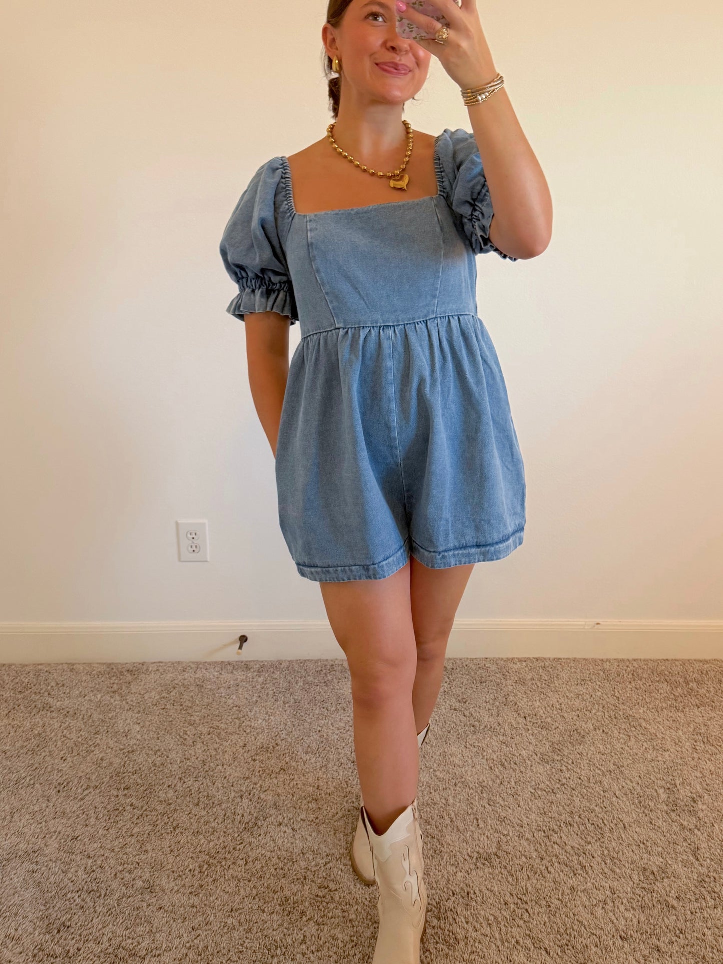 Puff Sleeve Denim Romper
