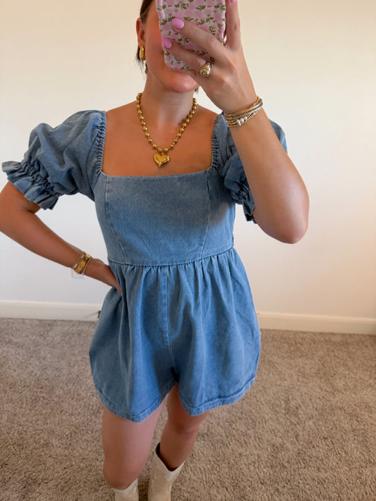 Puff Sleeve Denim Romper