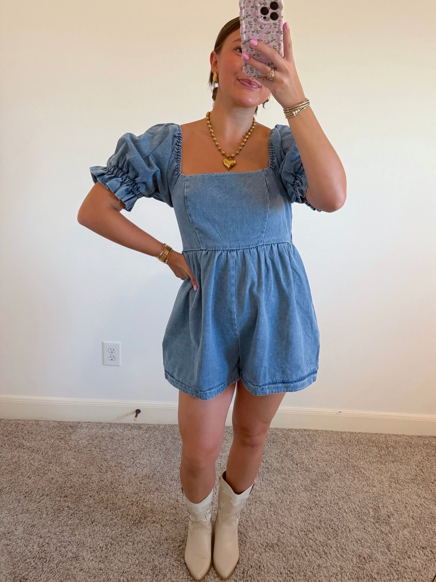 Puff Sleeve Denim Romper